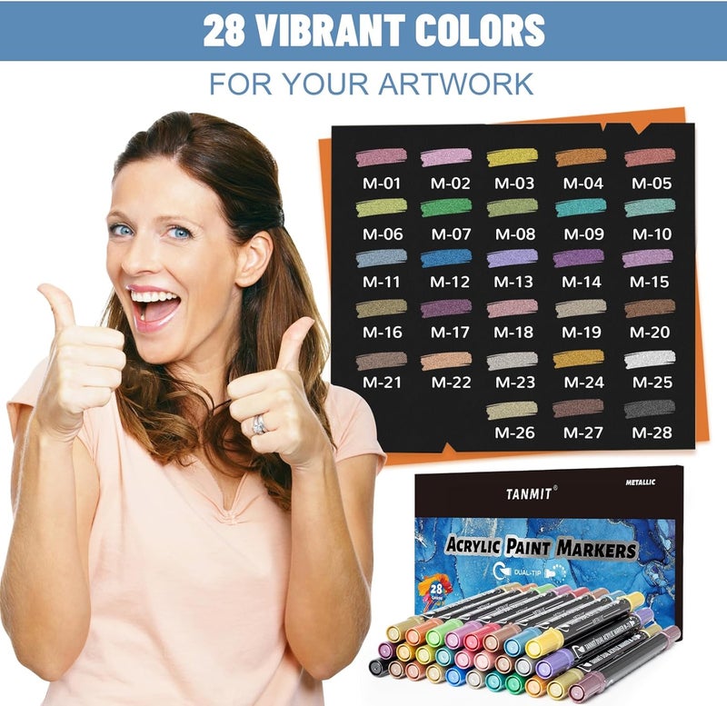 TANMIT 28 Metallic Colors Acrylic Paint Markers, Dual Tip Acrylic Paint Pens for Rock Painting, Black Paper, Wood, Canvas, Stone, Glass, Ceramic, DIY Crafts Making Art Supplies (Brush Tip and Round Tip) - Image 3